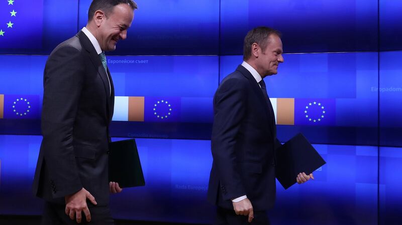 Donald Tusk and Leo Varadkar leave the room after a statement at the European Council headquarters in Brussels, on February 6th, 2019. Photograph: Yves Herman/Reuters.