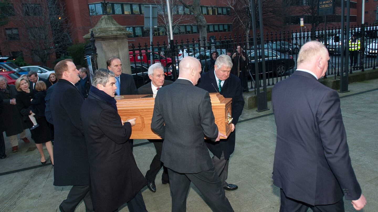 The remains of the late PJ Mara are carried into St Mary’s Church, Haddington Road in Dublin on Saturday evening. Businessman Denis O’Brien was among the coffin-bearers. Photograph: Dave Meehan/The Irish Times.