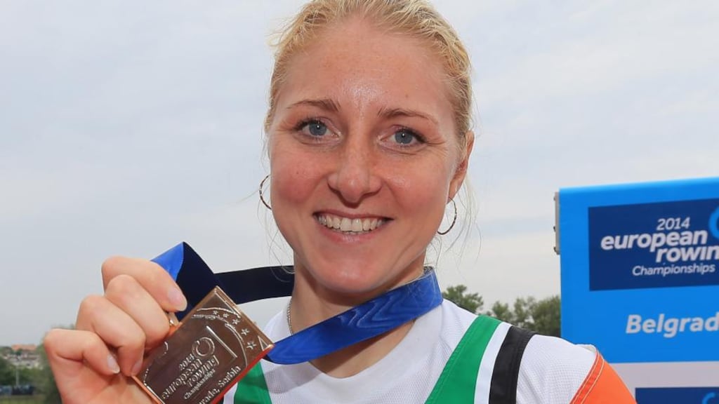 Sanita Puspure of Ireland poses with the bronze medal after the Women’s Single Sculls final at the European Rowing Championships in Belgrade, Serbia. Photograph: Srdjan Stevanovic/Getty Images)