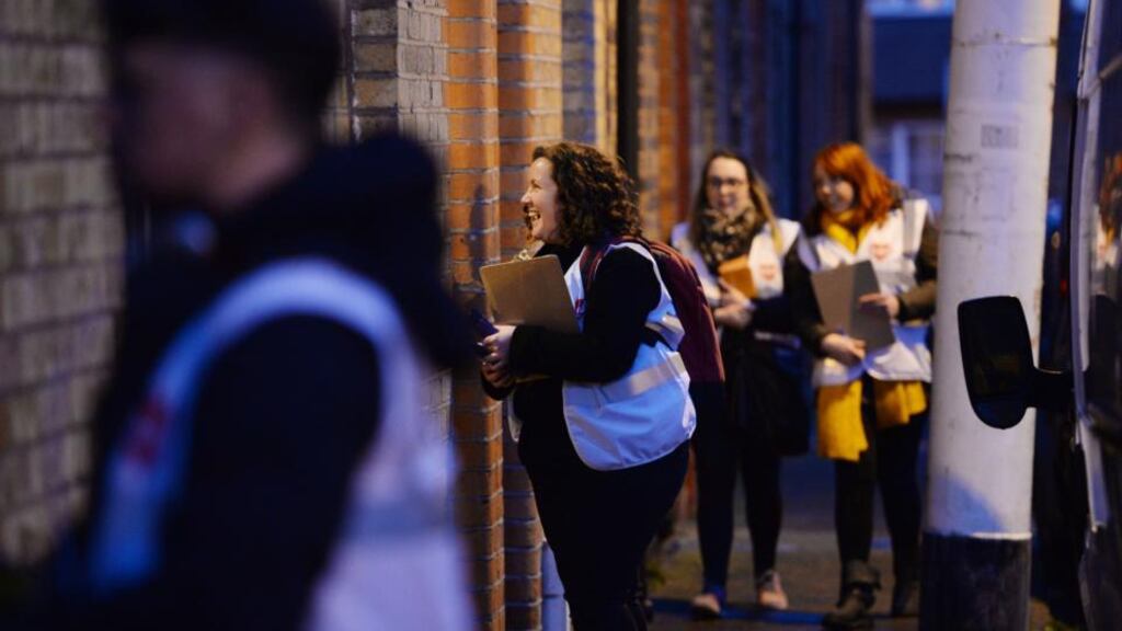 Eilis Ryan and fellow members of the Dublin Central Repeal the 8th Campaign canvass door-to-door in Stonybatter, Dublin 7. Photograph: Alan Betson