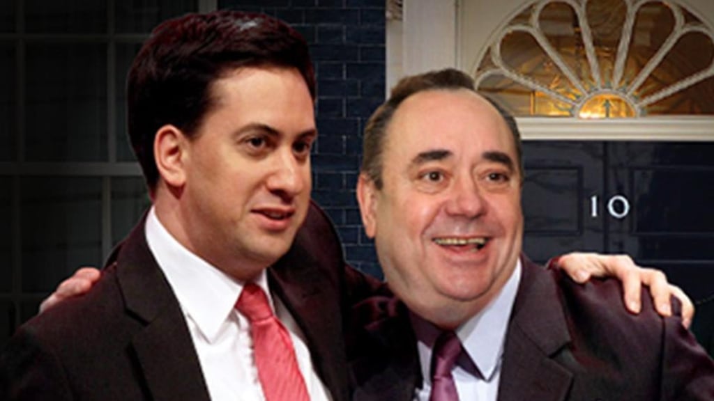 ‘The image is a rare example where the interests of the Conservatives and the SNP collide, since both want to emphasise Labour’s weaknesses.’ Above, detail from a new Conservative Party political poster showing Labour leader Ed Miliband, and Scotland’s former First Minister Alex Salmond of the SNP. Photograph: Conservative Party/PA