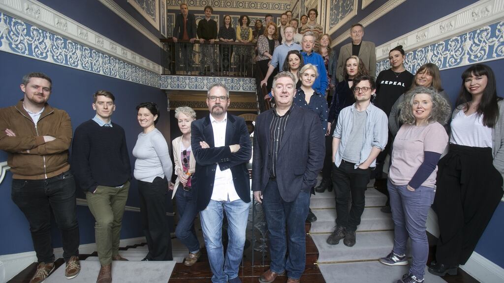 The competing playwrights with Gavin Kostick and Jim Culleton of Fishamble at the start of the A Play For Ireland process. Photograph: Photocall Ireland