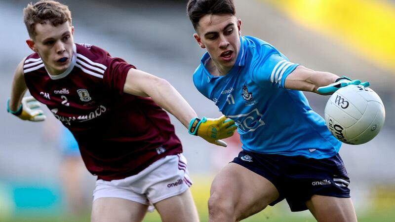 Dublin’s Lorcan O’Dell with Jonathan McGrath of Galway in the All-Ireland under-20 football final in Croke Park. Photograph: Tommy Dickson/Inpho