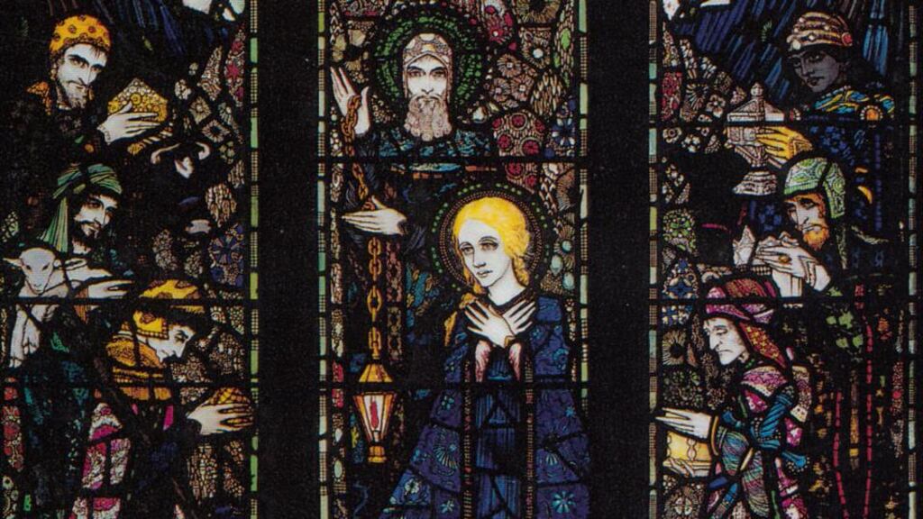 Above, detail from Harry Clarke’s Nativity and Adoration of the Magi in St Barrahane’s church, Castletownshend, Co Cork