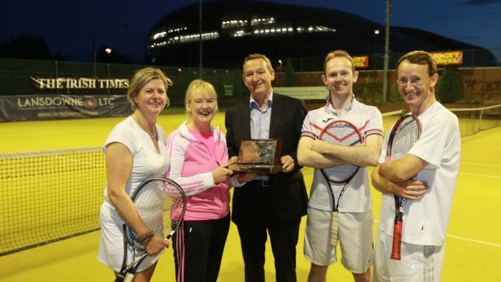 Members of the winning Savills team at The Irish Times Society of Chartered Surveyors Tennis Tournament: Nessa Keane; Anne Kiernan; Peter Dargan (Irish Times); Conor Steen and Gerry McCarthy. Photograph: Nick Bradshaw