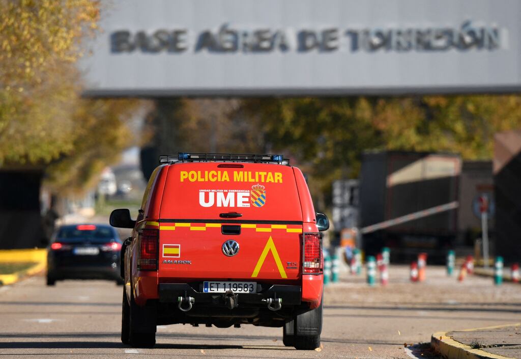 Spanish military police on alert at the Torrejón de Ardoz military airbase near Madrid following the delivery of a letter bomb. Photograph: Oscar Del Pozo/Getty Images