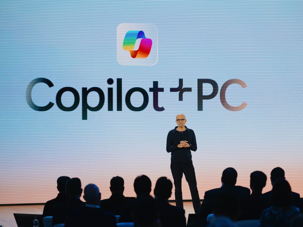Satya Nadella, chief executive of Microsoft, announced the company’s new artificial intelligence functionality during a briefing on the tech giant’s upcoming plans and devices for AI on Monday. Photograph: Grant Hindsley/The New York Times