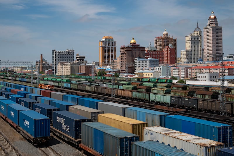 The rail yard in Manzhouli. Soviet advisers helped build steel mills, railways and arms factories in China in the 1950s, but now Russia supplies raw materials in exchange for manufactured goods. Photograph: New York Times