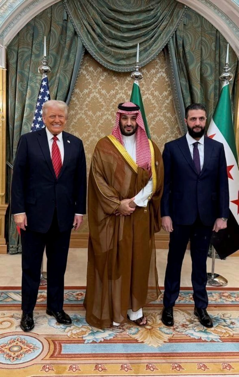 Donald Trump with Saudi crown prince Mohammed bin Salman and Syrian leader Ahmad al-Sharaa in Riyadh on Wednesday. Photograph: Sana via AP