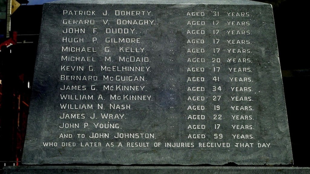 The names of the Bloody Sunday dead on a memorial in the Bogside: As the casualties’ names emerged, everyone seemed to know at least one or someone connected to them. Photograph: Trevor McBride