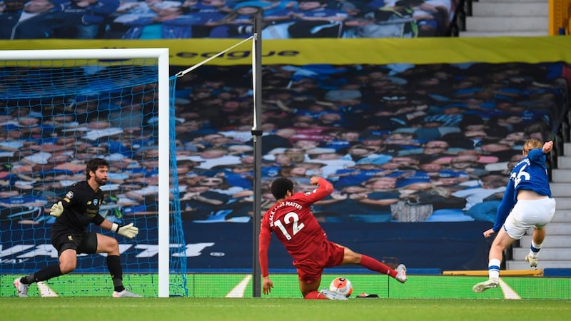Everton’s Tom Davies hits the post during his side’s stalemate with Liverpool at Goodison Park. Photograph: Peter Powell/Getty/AFP