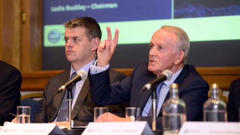 Left: Robert Pitt, CEO and Leslie Buckley, chairman at an Independent News & Media egm at the Alexander Hotel. Photograph: Cyril Byrne / THE IRISH TIMES