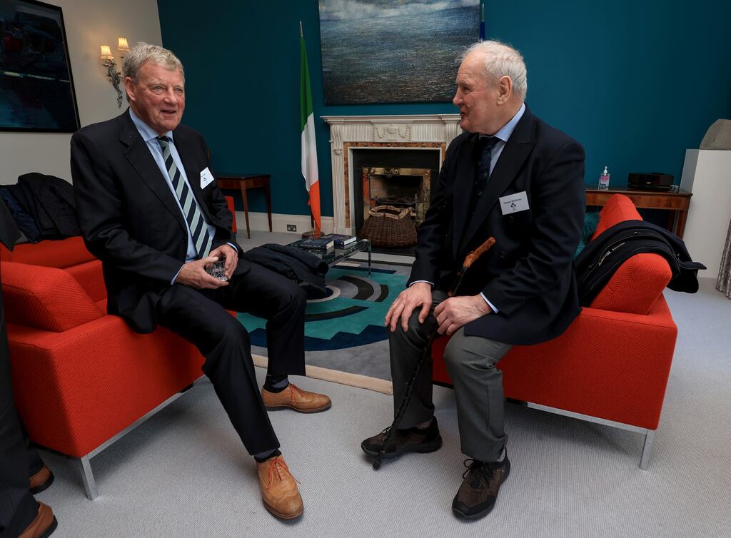Tony Ensor and Stewart McKinney in conversation as the 1973 Ireland Rugby team visits the Irish Embassy in London, on Tuesday. Photograph: Dan Sheridan/Inpho