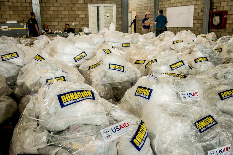 Bags of humanitarian aid donated by USAID in Cúcuta, Colombia, in 2019. Photograph: Meridith Kohut/New York Times