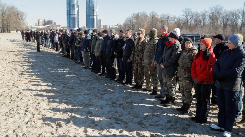 Ukrainians attend an open military training for civilians organized by Right Sector activists in Kiev, Ukraine. Photograph: Sergey Dolzhenko/EPA