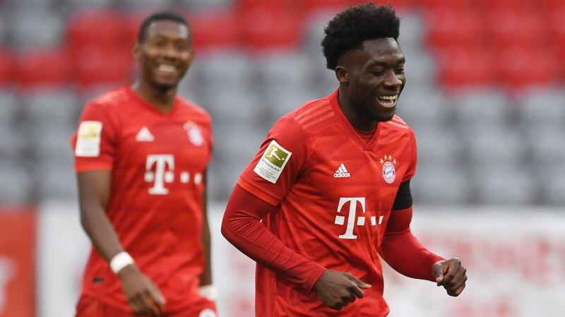 Alphonso Davies celebrates scoring Bayern Munich’s fourth against Eintracht. Photograph: Andreas Gebert/EPA