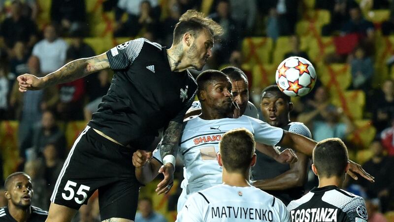 Sheriff’s defender Gustavo Dulanto heads the ball during his side’s victory over FC Shakhtar Donetsk. Photograph: Sergei Gapon/AFP via Getty Images
