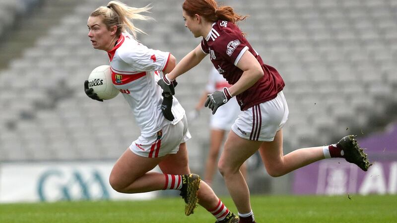 Cork’s Saoirse Noonan and Sarah Lynch of Galway in the All-Ireland Ladies Senior Football Championship Semi-Final in Croke Park in December 2020. Photograph: Bryan Keane/Inpho
