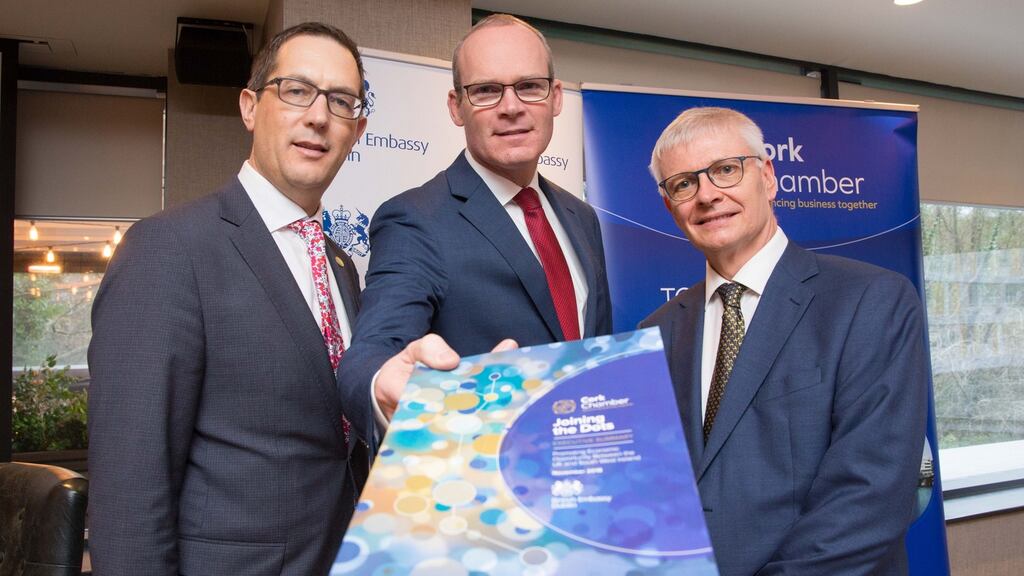 Tánaiste Simon Coveney TD launches a new joint report from the British embassy Dublin and Cork Chamber to promote economic opportunity between UK and south west Ireland. Above, British ambassador to Ireland, Robin Barnett and Conor Healy, Cork Chamber CEO. Photograph: Darragh Kane