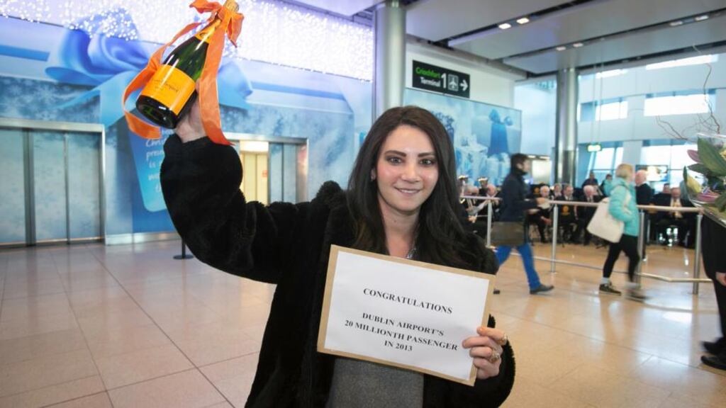 Roma Chang from Donaghmore, Co Tyrone, who became the 20 millionth passenger at Terminal 2 after landing from a United Airlines flight from Washington to Dublin Airport. Photograph: Gareth Chaney Collins