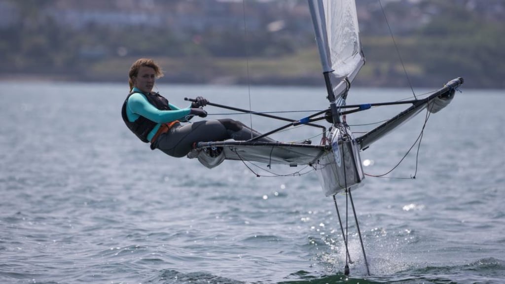 Annalise Murphy competing on her foiling-type Moth dinghy in Dun Laoghaire earlier this summer. Photograph: David Branigan/Oceansport