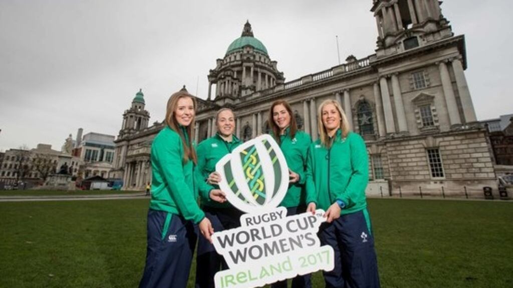 Ireland’s Clare McLaughlin, Niamh Briggs, Nora Stapleton and Alison Miller at the Pool draw for the 2017 Women’s Rugby World Cup. Photograph: Inpho
