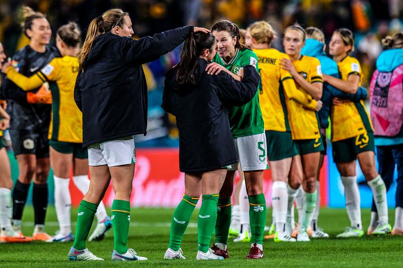 Ireland’s Niamh Fahey consoles Marissa Sheva, who conceded the crucial penalty, after the game against Australia in Sydney. Photograph: Ryan Byrne/Inpho