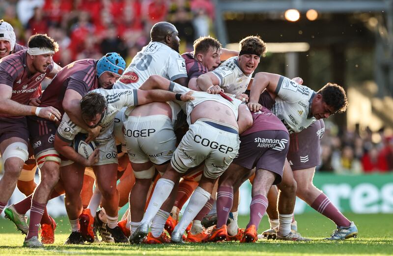 Munster in action against La Rochelle at Stade Marcel Deflandre: the conceded three tries and missed 26 tackles. Photograph: Billy Stickland/Inpho