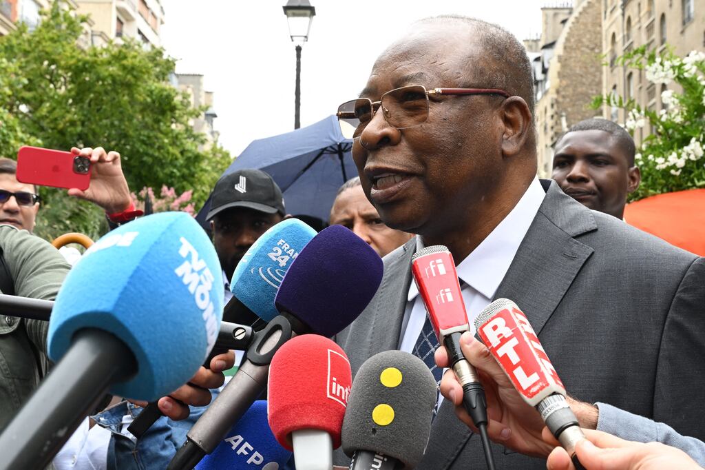 Niger prime minister Ouhoumoudou Mahamadou speaks to the press outside the Niger embassy in Paris on Saturday. Photograph: Stefano Rellandini/Getty Images