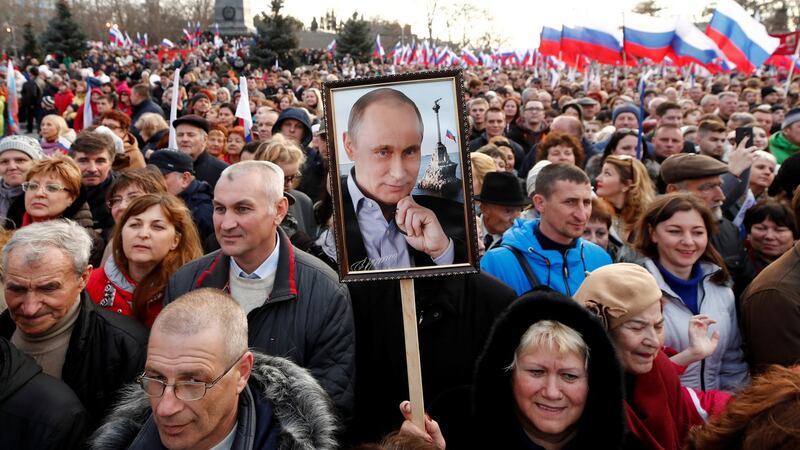 A rally marking the fourth anniversary of Russia’s annexation of Ukraine’s Crimea region in the Black Sea port of Sevastopol, Crimea. Photograph: Reuters/Maxim Shemetov