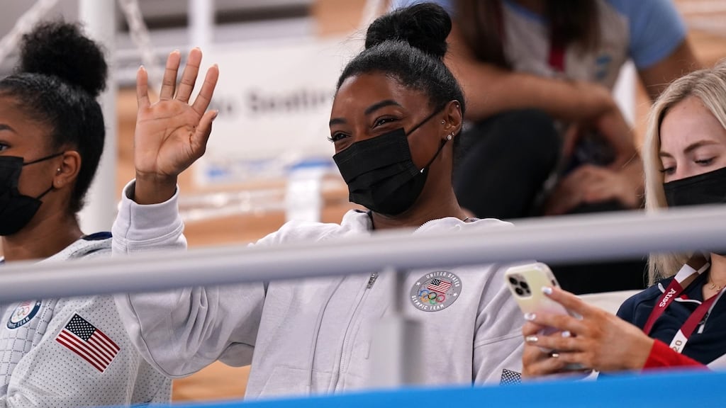 USA’s Simone Biles in the stands during the women’s all-around final at the Ariake Gymnastic Centre. Photo: Mike Egerton/PA Wire
