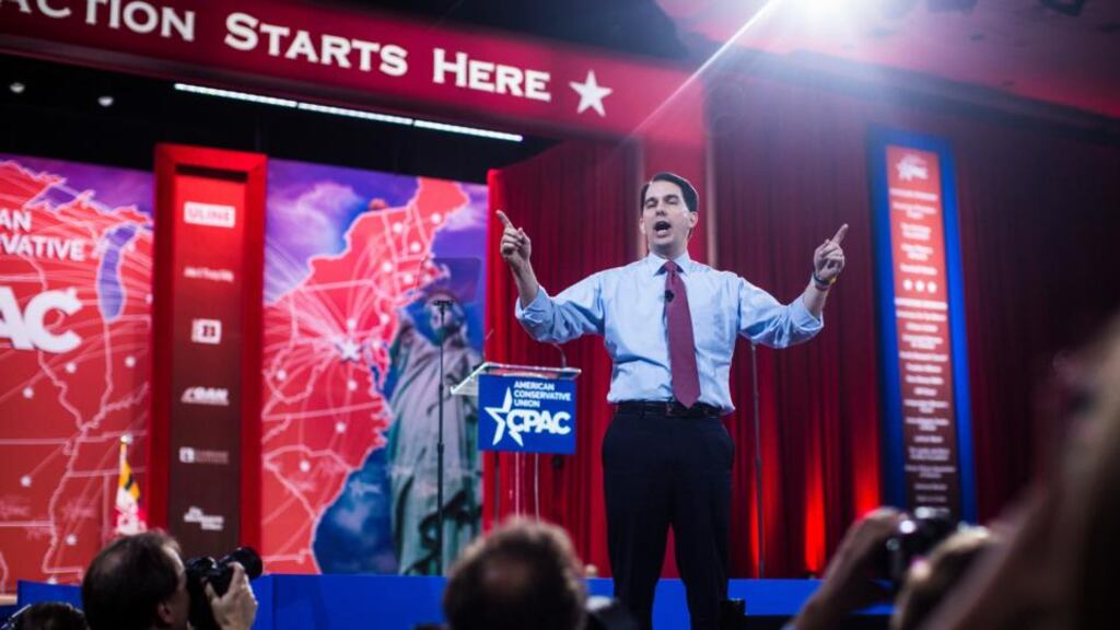 Wisconsin governor Scott Walker speaks at the Conservative Political Action Conference in National Harbor, Maryland, on Thursday. Walker’s bitter fight against trade unions has cast him on to the national stage. Photograph: Jabin Botsford/The New York Times