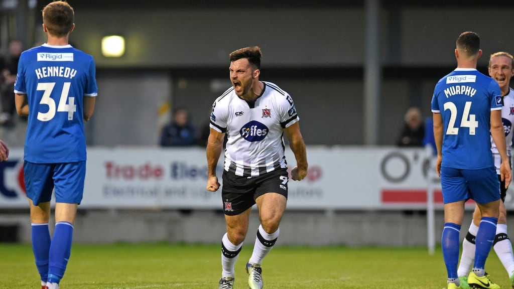 Dundalk’s Patrick Hoban celebrates scoring their first goal in the FAI Cup quarter-final win over Limerick. Photo: Ciaran Culligan/Inpho
