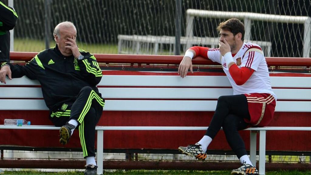 Vicente Del Bosque of Spain (left) talks with goalkeeper Iker Casillas during a training session at the team’s training facilities in Curitiba, Parana, Brazil. Photograph: CJ Gunther/ EPA