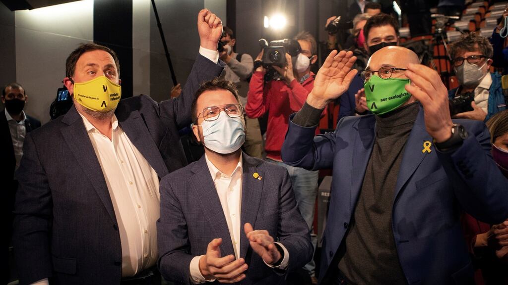 Catalan pro-independent party ERC’s president, Oriol Junqueras, regional presidential candidate Pere Aragonès and former Catalan minister Raul Romeva in an electoral campaign rally in Barcelona. Photograph: Enric Fontcuberta/EPA