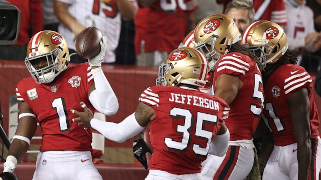 Jimmie Ward of the San Francisco 49ers celebrates his pick six with teammates during the first half against the Los Angeles Rams. Photograph: Ezra Shaw/Getty Images