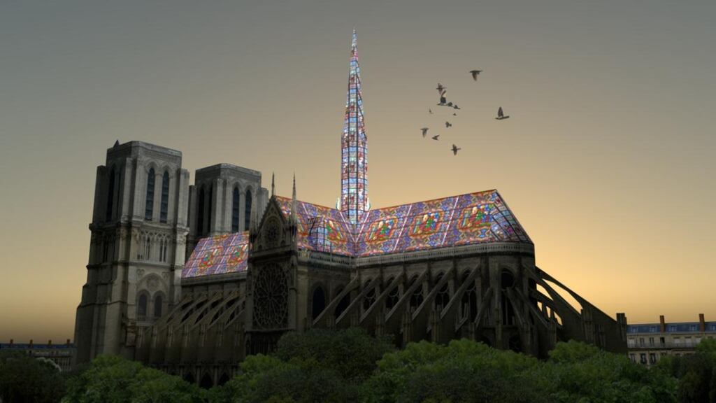 A new Notre-Dame?: Alexandre Fantozzi’s proposal features a rebuilt roof and spire entirely in stained glass. Illustration: Alexandre Fantozzi/Aj6 Studio via New York Times