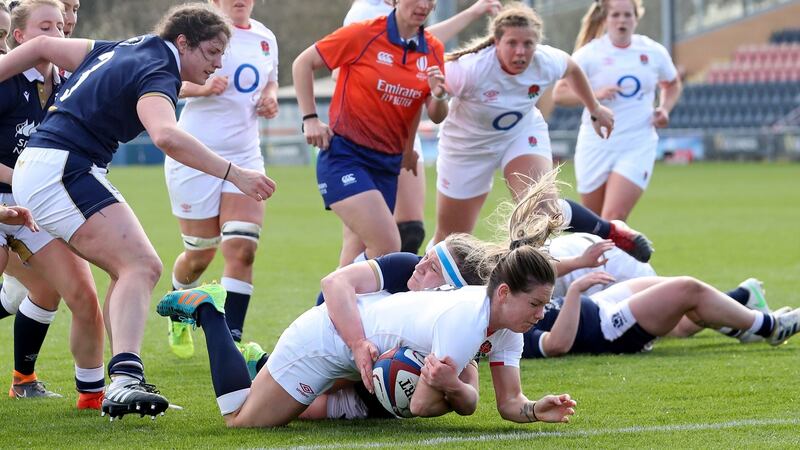 Leanne Riley dives to score a try during England’s drubbing of Scotland in round one. Photograph: Andrew Fosker/Inpho