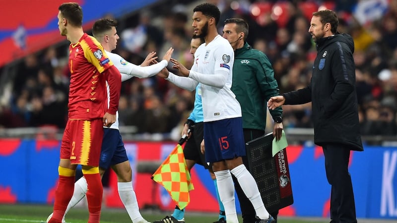 England’s   Joe Gomez comes on fo  Mason Mount.