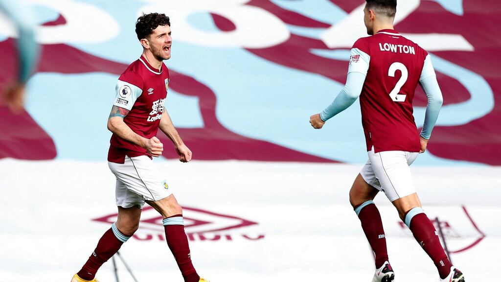 Burnley’s Robbie Brady celebrates after scoring the opener in their Premier League meeting with Everton. Photo: Lee Smith/Reuters