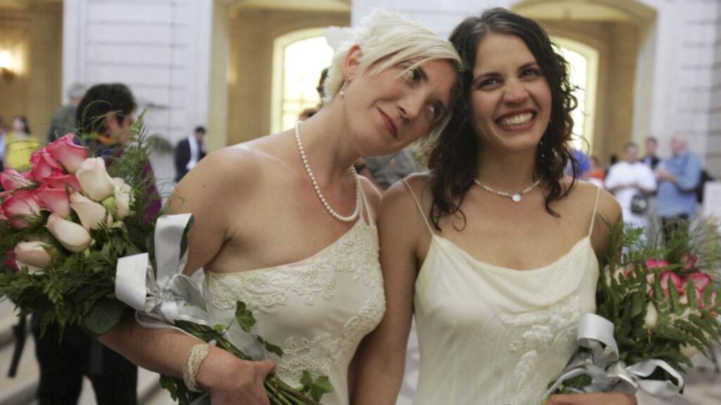 Amber Weiss and Sharon Papo walk through City Hall in San Francisco after exchanging wedding vows on the first full day of legal same-sex marriages there in 2008. “Abortion, euthanasia, homosexual marriage – all these have in common that they represent a repudiation of existing understandings and belief systems.” Photograph: Erin Siegal/Reuters
