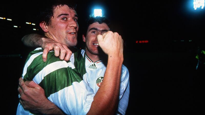 Roy Keane and Alan McLoughlin celebrate at Windsor Park in 1993. Photograph: Inpho