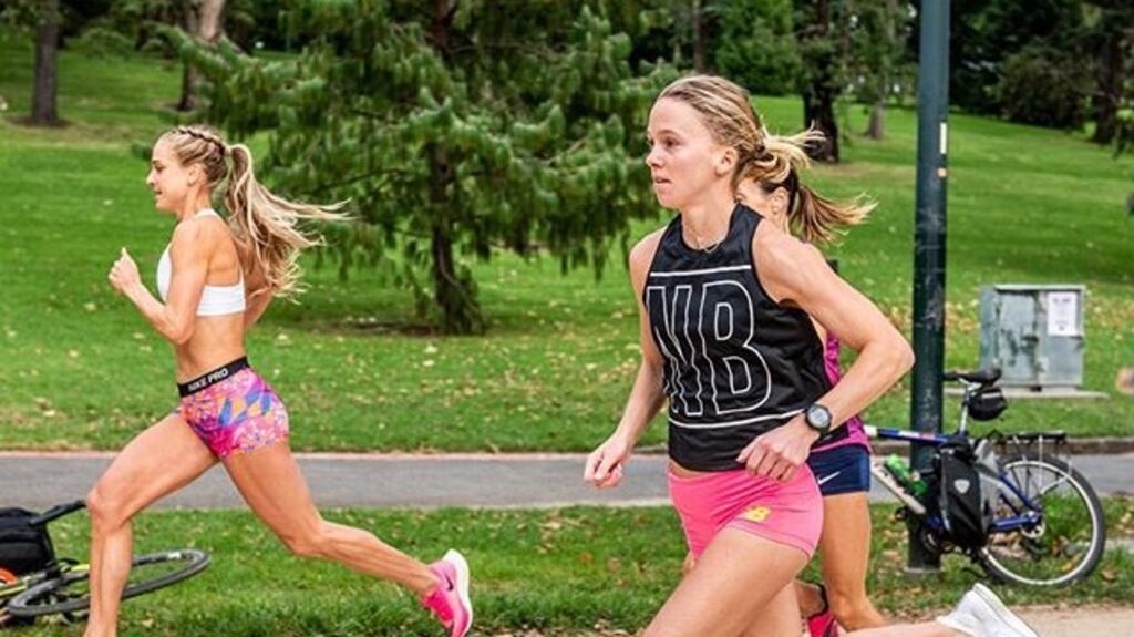 Genevieve Gregson and Sarah Billings set the pace with Sinead Diver just behind during The Tan record attempt in Melbourne. Photograph: Riley Wolff