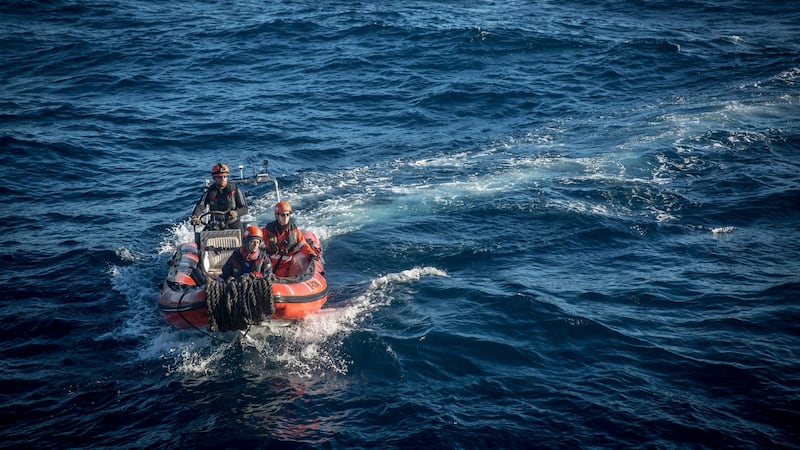 Crew of the Alan Kurdi practise rescue simulations in the search-and-rescue zone off the Libyan coast, in the Mediterranean Sea, on December 26th. Photograph: Sally Hayden