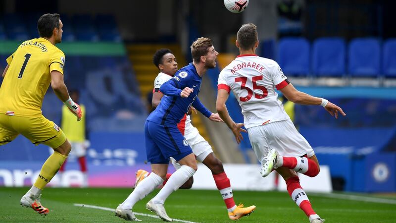 Timo Werner scores his and Chelsea’s second agsint Southampton. Photograph: Ben Stansall/PA