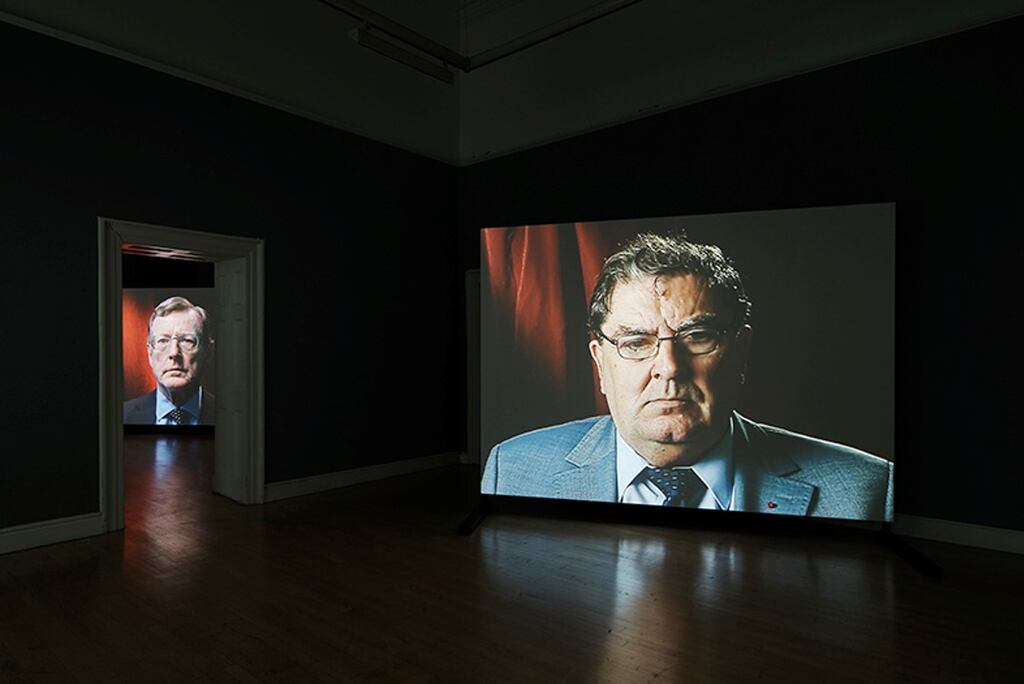 David Trimble (left) and John Hume featured in an installation of 14 video portraits of community and political leaders behind the Belfast Agreement to commemorate its 25th anniversary. Photograph: Ros Kavanagh/PA