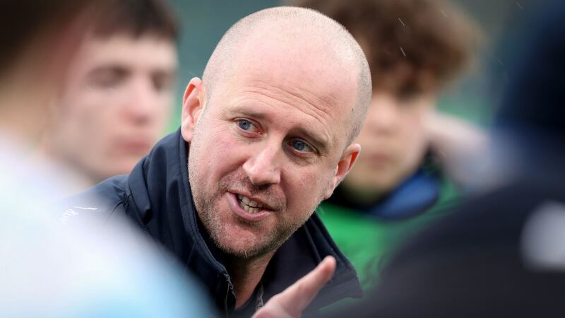 Blackrock College head coach Justin Vanstone talks to his side after the Leinster Schools Senior Cup second round match against St Gerard’s at Donnybrook last February. Photograph: Oisín Keniry/Inpho