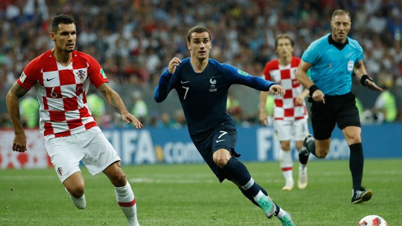 Croatia defender Dejan Lovren in action against France’s forward Antoine Griezmann during the World Cup final in Moscow. Photograph: Odd Andersen/AFP/Getty Images)