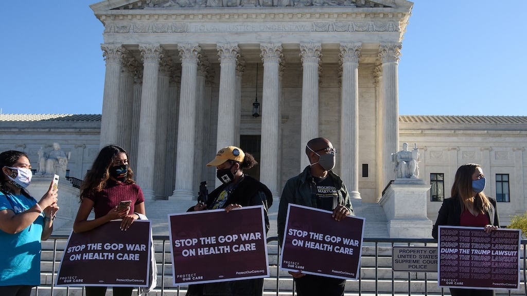 Supporters of the Affordable Care Act – ‘Obamacare’ – outside the US supreme court in November last year. Photograph: Nicholas Kamm/AFP via Getty Images