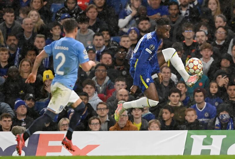 Callum Hudson-Odoi (right) of Chelsea in action during the Uefa Champions League group H match against Malmo FF in London on Wednesday. Photograph: Neil Hall/EPA